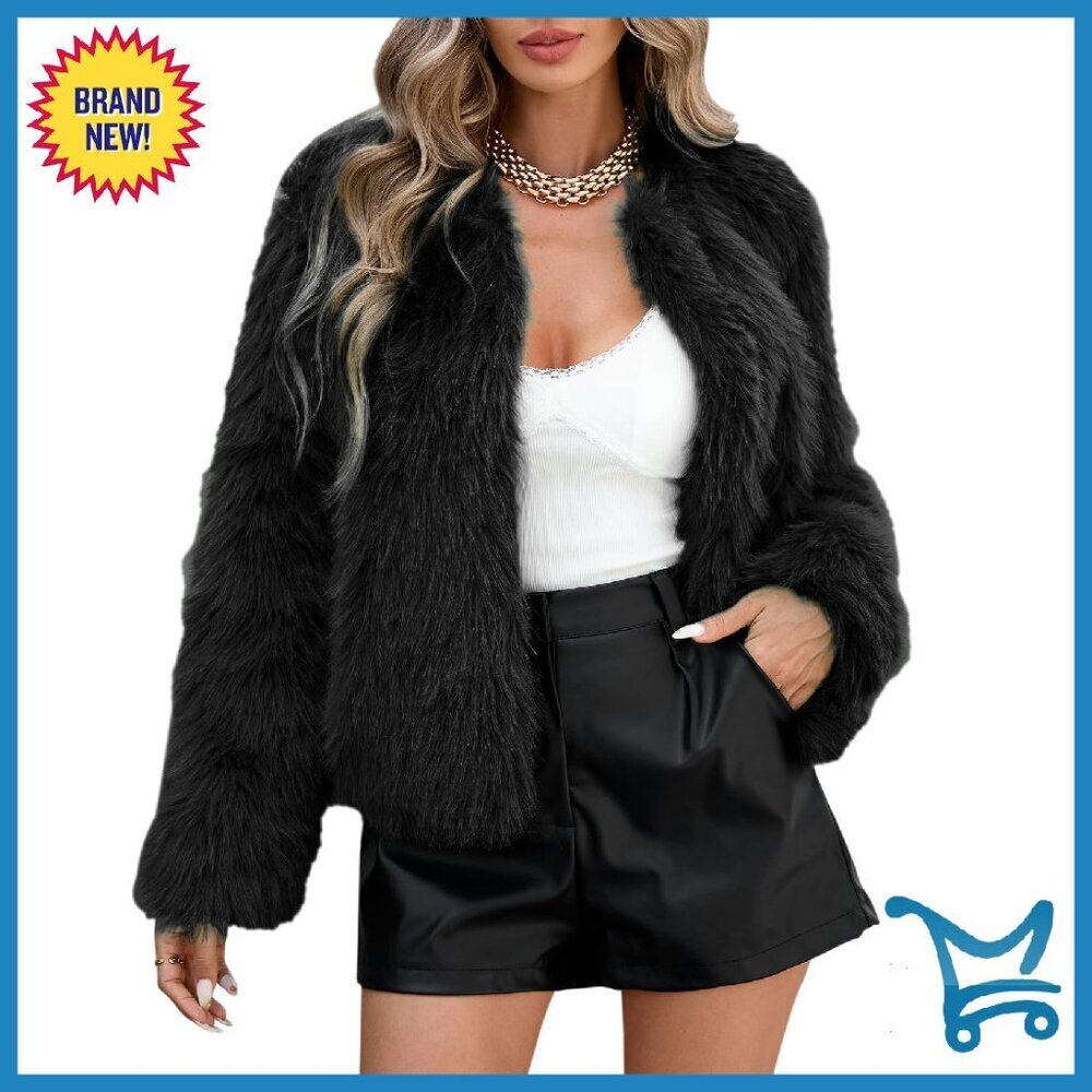 Cropped Faux Fur Jacket Women's Winter Coat Long Sleeve Pockets